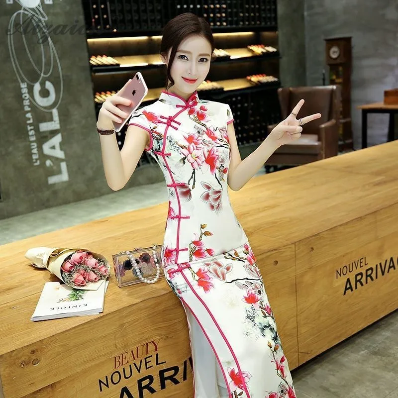 

Silk 2018 New Printing Dresses Long Cheongsam Dress Modern Fashion Qipao White Women Chinese Traditional Dressing Party Qi Pao