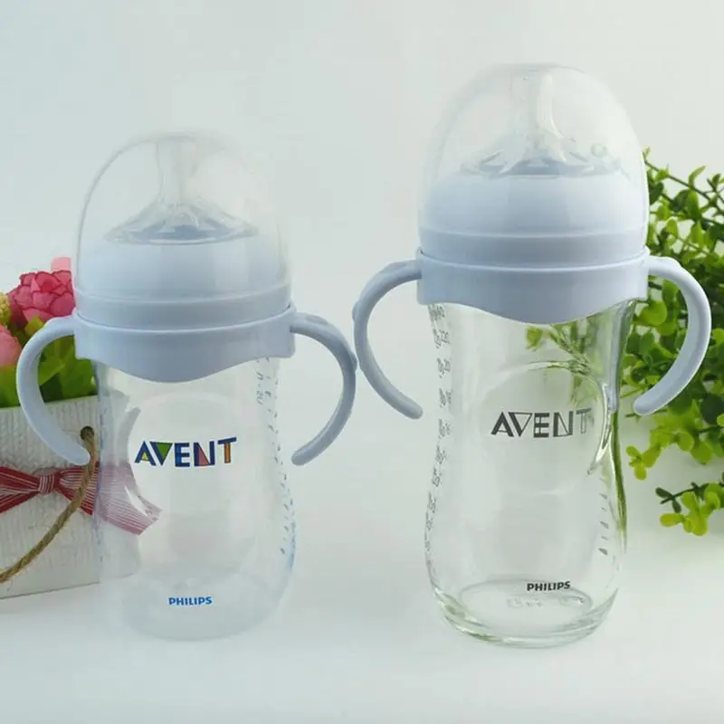 White Baby Bottle Infant Grip Handle Avent Natural Wide Mouth Feeding Safe 2Pcs