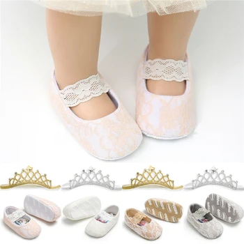 

2019 New Baby Boy Girl 2pcs Soft Leather Infant Crawling Walking Birthday Party Princess Lace Shoes Non Slip Sole Prewalker Shoe