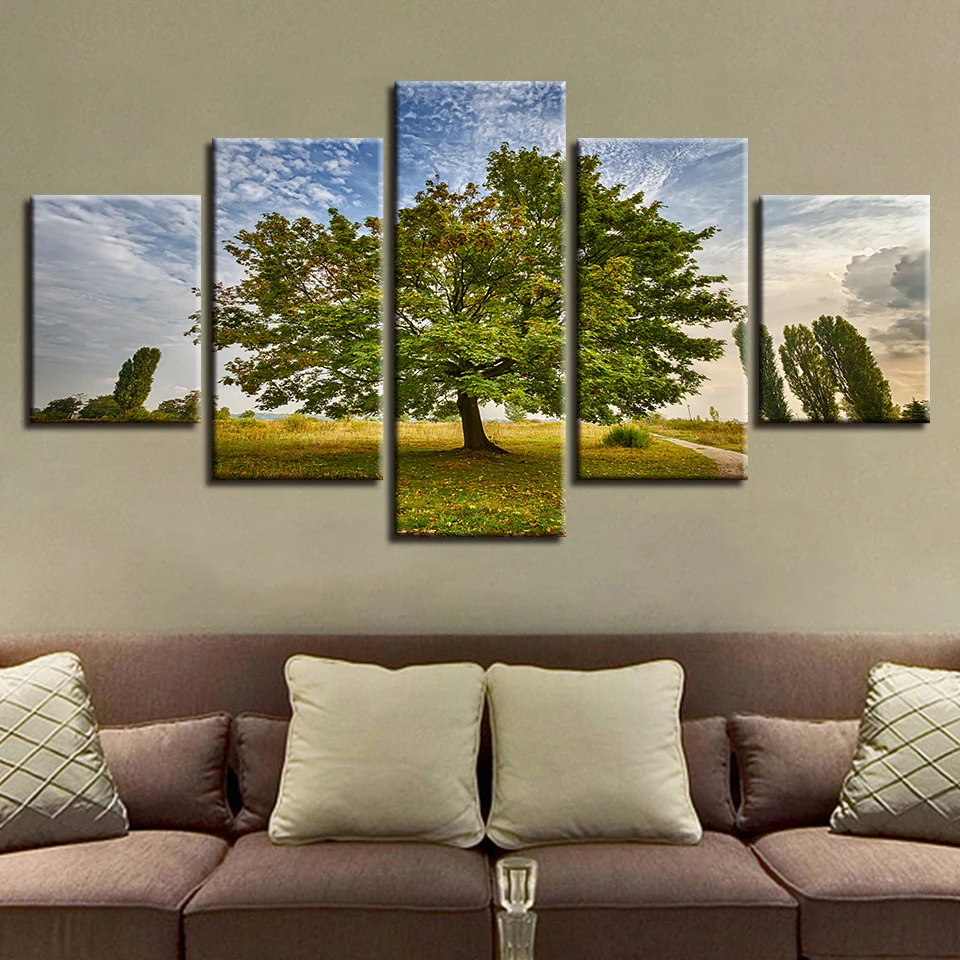 

Pictures Wall Art Decor HD Prints 5 Pieces Green Trees And Blue Sky White Cloud Scenery Canvas Paintings Modular Artworks Modern