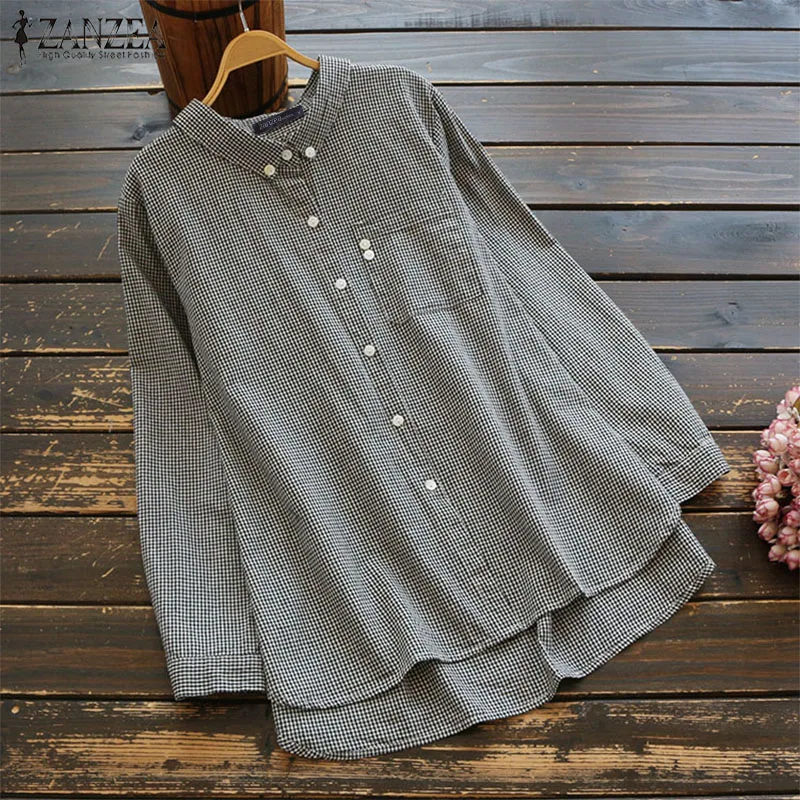 

2019 Summer Blouse ZANZEA Vintage Women's Plaid Check Long Sleeve Shirts Chemise Casual Lapel Button Down Blusas Top Mujer