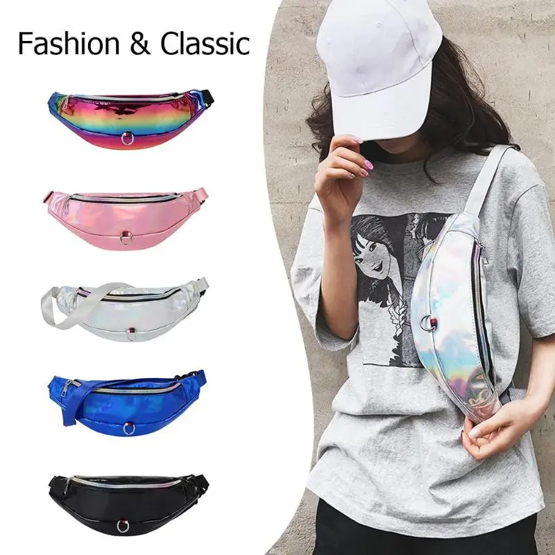 

Fashion Holographic Laser PU Leather Fanny Pack Women Unisex Phone Lipstick Casual Man Hip Hop Pillow Shoulder Waist Chest Bags