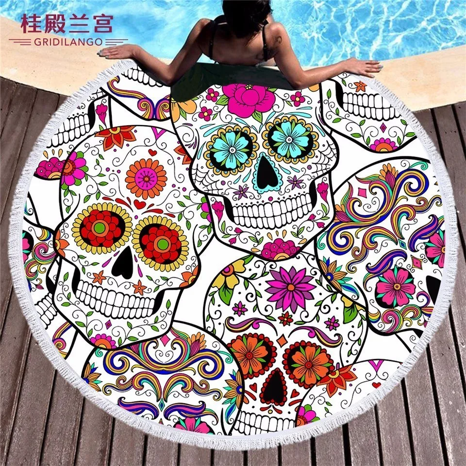 

GRIDILANGO Fashion Colour Skull Hippie Pattern Round Beach Towel For Adult Quickly Absorbtable Travel Home Blanket Bath Towel