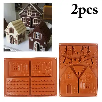 

2pcs Cookie Chocolate Mold Chocolate House Christmas Gingerbread House Silicone Mold DIY Biscuit Baking Tool Baking Accessories