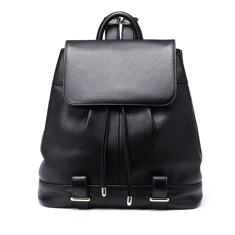 

Kajie New Genuine Leather Casual Laptop Women Vintage Travel Backpack Black For Girls Mochila Feminina Plecak Drawstring Bag