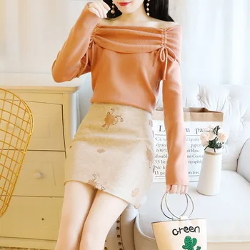 

2018 Fall Winter Fresh Dew Shoulder Slash Collar Knit Sweater & Skirts Embroidered Skirt Outfits Women Two Piece Matching Suit