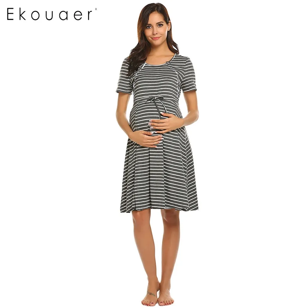 

Ekouaer Night Dress Women Sleepwear Nursing Dress Drawstring Maternity Nightgown Short Sleeve Round Neck Stripes Nightdress