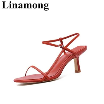

2019 Summer Fashion Hottest Red Color Sample High Heel And Open Toe Buckle Strap Narrow Band Sexy Women Sandals