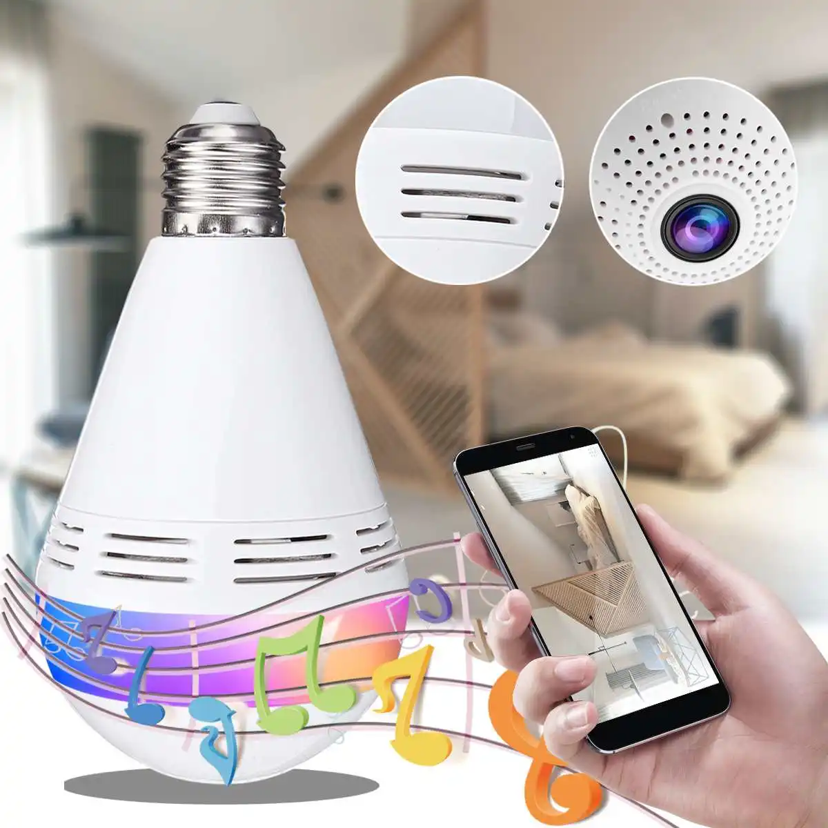 

E27 Wireless Bluetooth Speaker Bulb Music Playing Dimmable LED Lamp Light Bulb IP Camera Wifi FishEye CCTV Home Security Camera