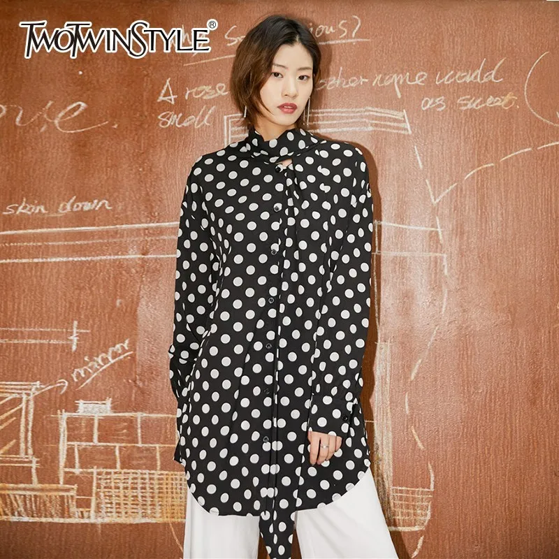 TWOTWINSTYLE 2019 Spring Polka Dot Shirts Blouse Bowknot Lace Up Long Sleeve Oversized Tops Female Casual Fashion Clothing New |