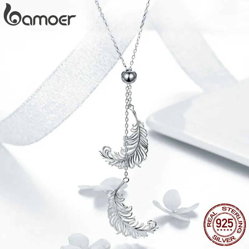 BAMOER, винтажная, натуральная 925 пробы, серебряные перья, форма, длинная цепочка, перо, ожерелья, подвески, Стерлинговое серебро, ювелирные изделия SCN322