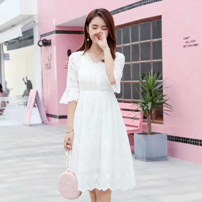 

Summer White Dress Women Hollow Out Half Sleeve A-line Dress Elegant V-neck Lace Party Dresses Vestido