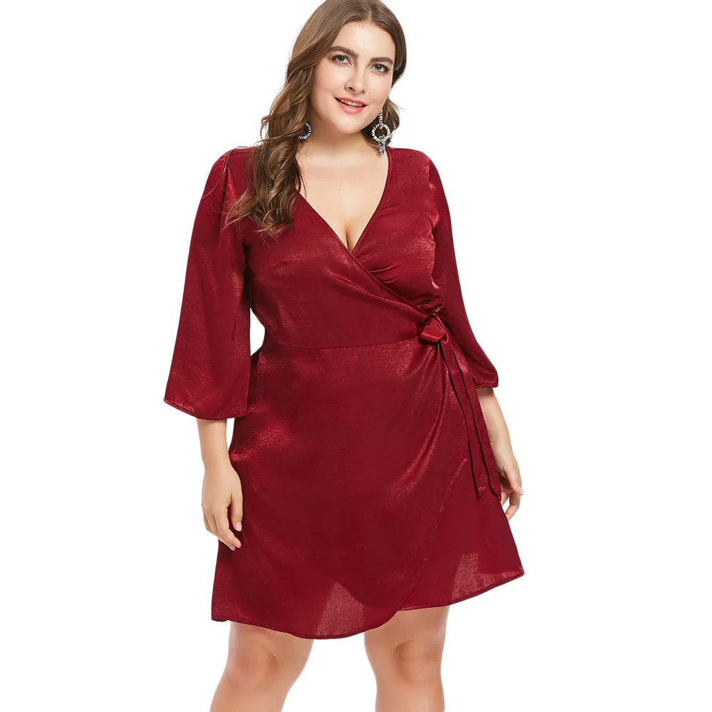 ZAFUL Sexy Deep V Neck Plunging Neck Plus Size Short Wrap Dress Women ...