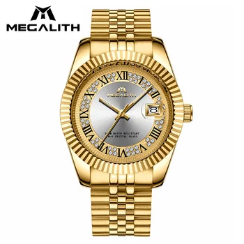 

MEGALITH Luxury Business Watches Men Waterproof Analogue Date Wrist Watch Gold Case Stainless Steel Quartz Watch Male Clocks
