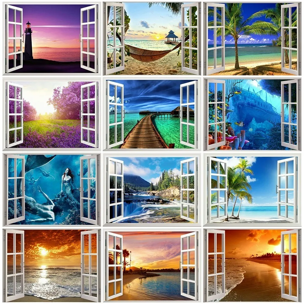 

Huacan Diamond Embroidery Sale Landscape 5D Cross Stitch Diamond Painting Window Rhinestones Full Square Diamond Mosaic Gift