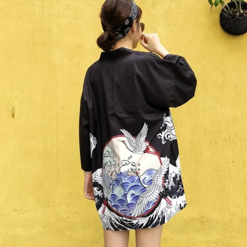 Best  #5020 Summer Black Thin Kimono Jacket Women Loose Cardigan With Belt Vintage Japan Style Sunscreen 