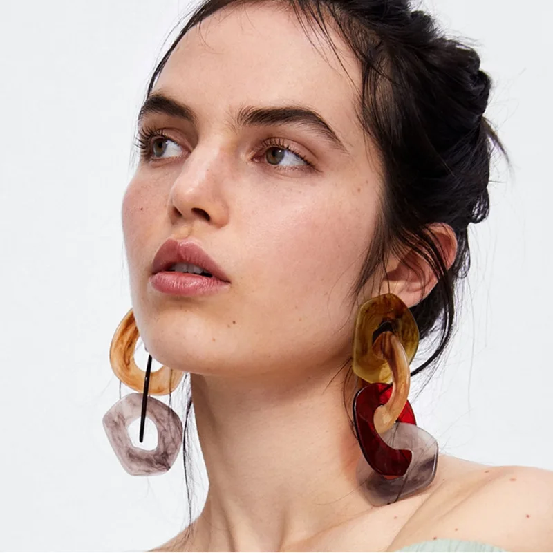 

Ladies Vintage Resin Fashion Long Chain Charm Big Earrings 2019 Jewelry Geometric Acrylic Marble Texture Earrings