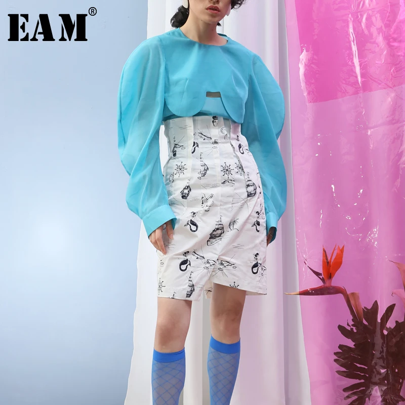 

[EAM] 2019 New Spring Summer High Waist White Pattern Printed Hem Vent Split Joint Half-body Skirt Women Fashion Tide JS705