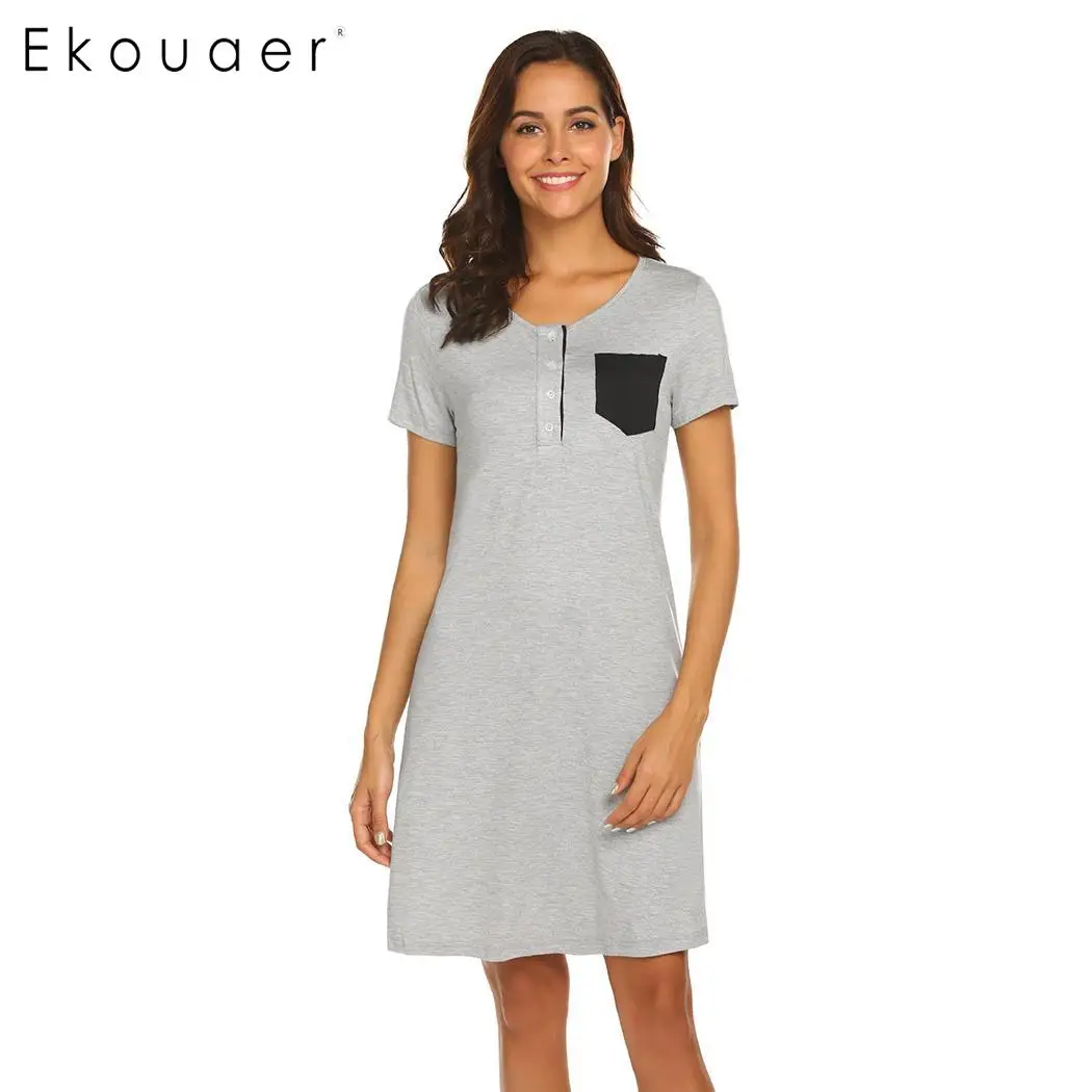 Ekouaer Для женщин модная ночная сорочка пижамы шею короткий рукав мультфильм печати рубашки пижамы женские Ночная рубашка