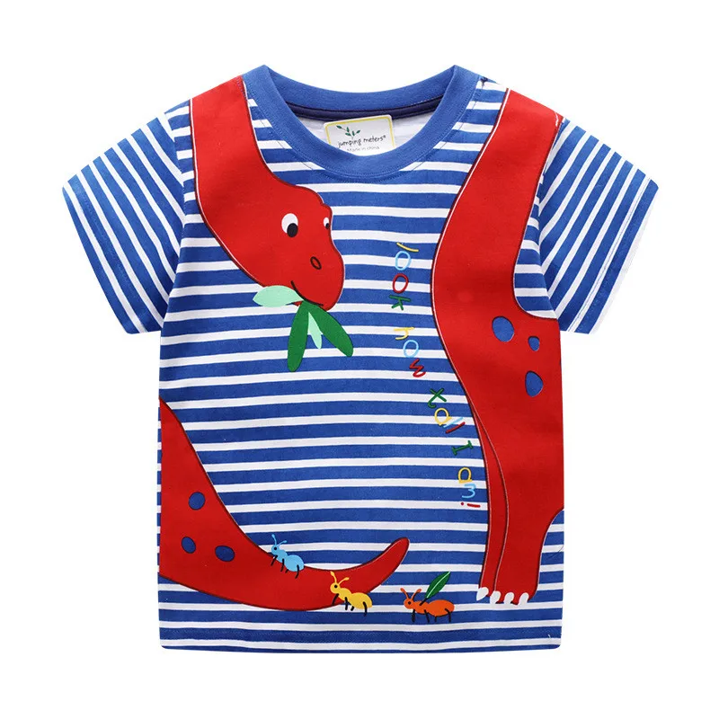 Jumping meter/новые модные футболки для маленьких мальчиков, Детские хлопковые футболки с аппликацией Детская летняя одежда в полоску с животными футболки для мальчиков