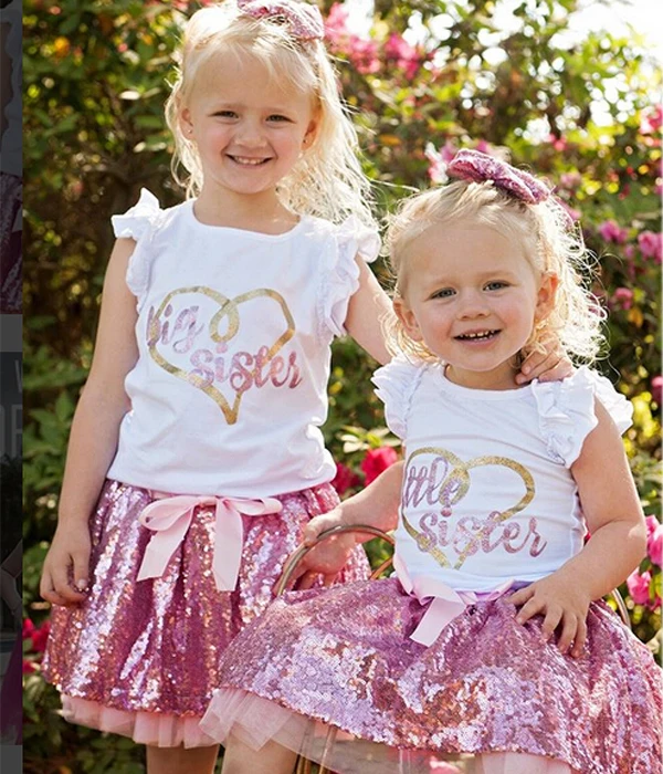 

Summer Sleeveless Letter Little Big Sister T-shirt Lace Sequin Skirt Matching Outfits Cute Newborn Kids Baby Girls Clothes Set