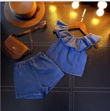 2018 Summer New Girls Set Cute Sweet Ruffle Trim Denim Top + Denim Shorts Two-Piece Set 2018 Summer New Girls Set Cute Sweet Ruffle Trim Denim Top + Denim Shorts Two-Piece Set