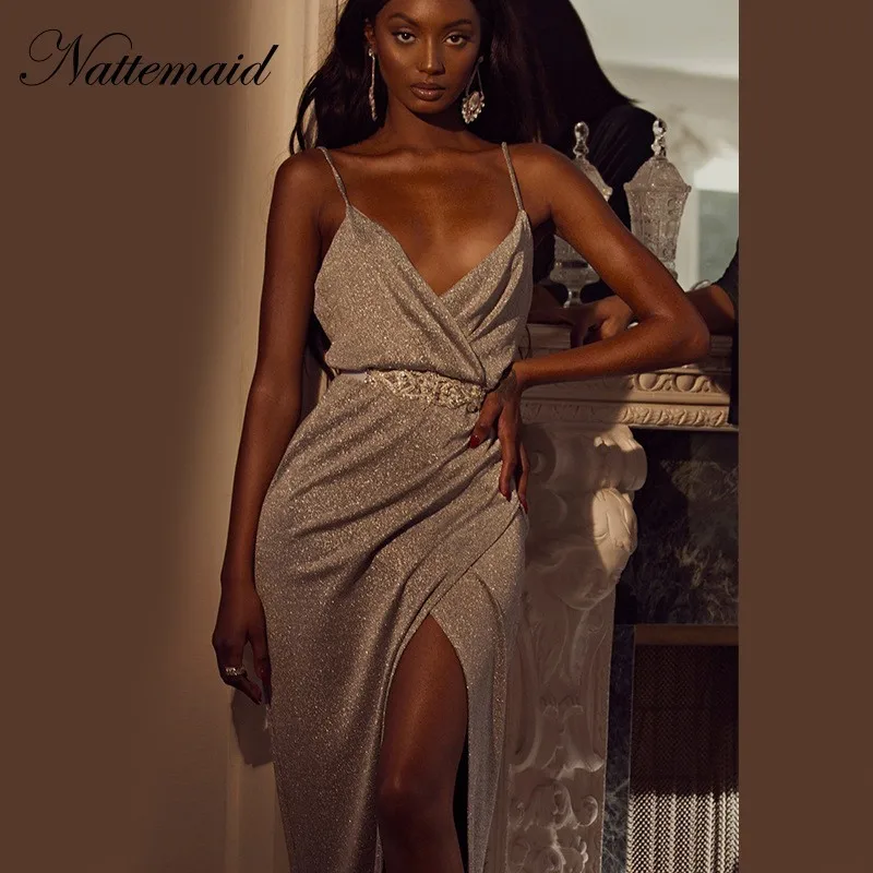 

NATTEMAID High Split V Neck Spaghetti Strap Sexy Dress Elegant Glitter Club Party Dress Summer 2019 Maxi Long Dresses Vestidos