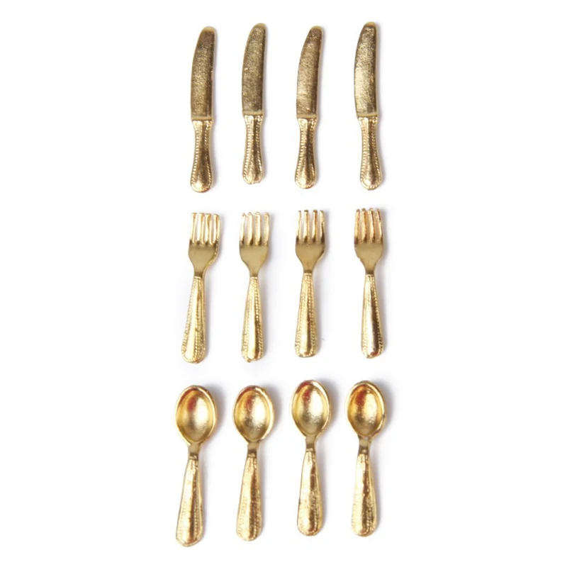 

New 1/12 Doll House Miniature Stainless Steel Tableware Set 12 Items Gold