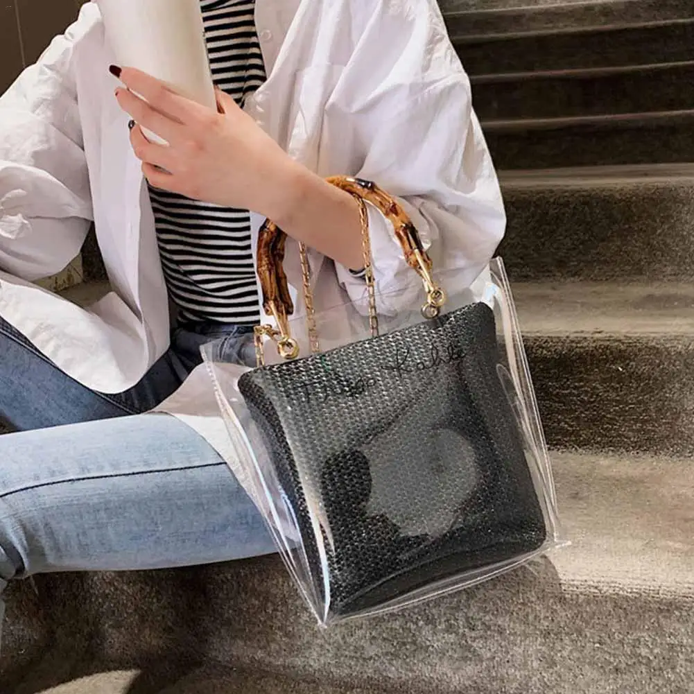 النساء شفافة PVC حقيبة كتف اليد المنسوجة حقيبة يد من القش الكورية الأزياء الشاطئ سلسلة رسول Crossbody أكياس واضح حقائب