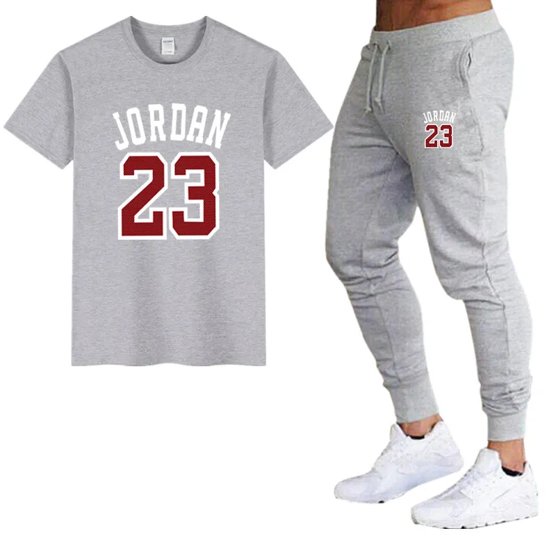 

New T Shirts + Summer Brand Tshirt Men Letter Printed Jordan23 Sportsuit Set T-Shirt 2-piece set Male Top+ Fitness pants