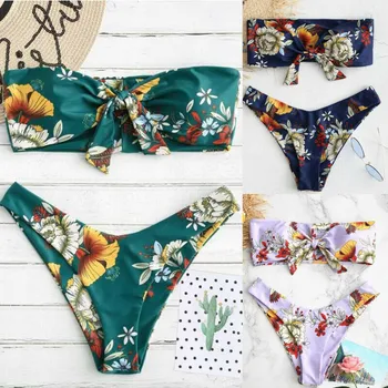 

Summer Ruffles Bikini Off Shoulder Floral Push Up Swimsuit Bandage Bow Swimwear Biquini Feminino Bathing Suit Women Bikini Set