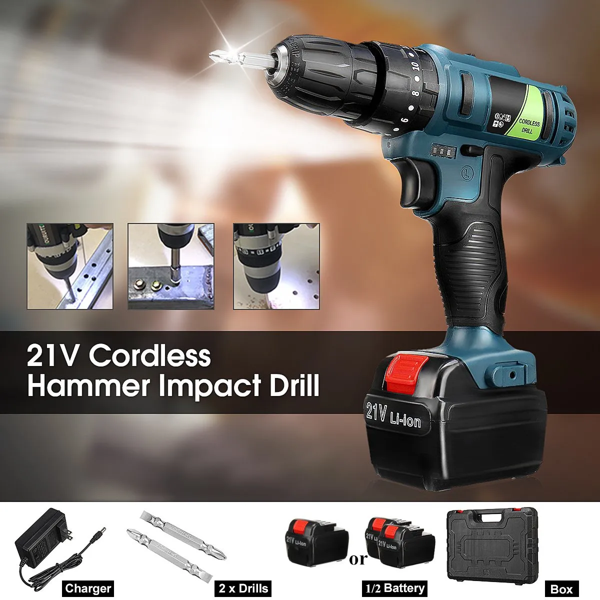 

21V Double Speed Impact Drill Electric Hammer Drill Battery Electric Cordless Drill Electric Screwdriver Home DIY Power Tools