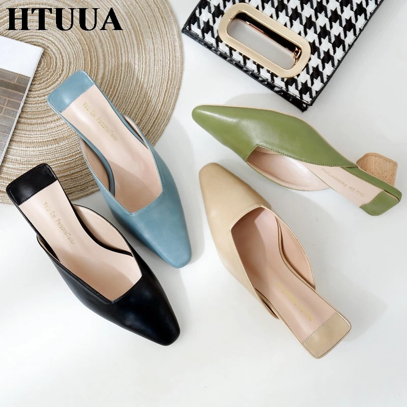 HTUUA Fashion Square Heels Slides Women Designer Slippers Female Dress ...