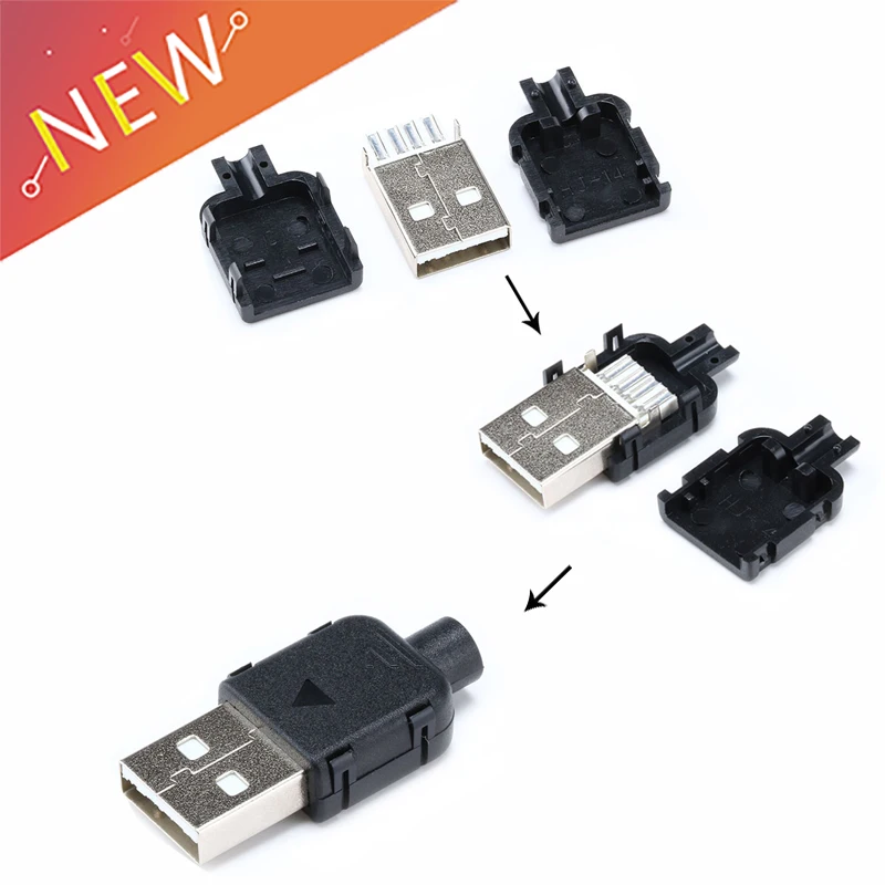 

10Sets DIY USB 2.0 Connector Plug Type A Male USB 4 Pin Plug Socket Connector With Black Plastic Cover For Data Connection