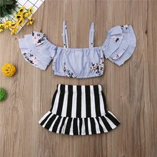 Одежда для девочек, цветочный принт с открытыми плечами на бретельках, укороченные топы, полосатые юбки, комплекты из 2 предметов, комплекты летней одежды для маленьких девочек, модная одежда