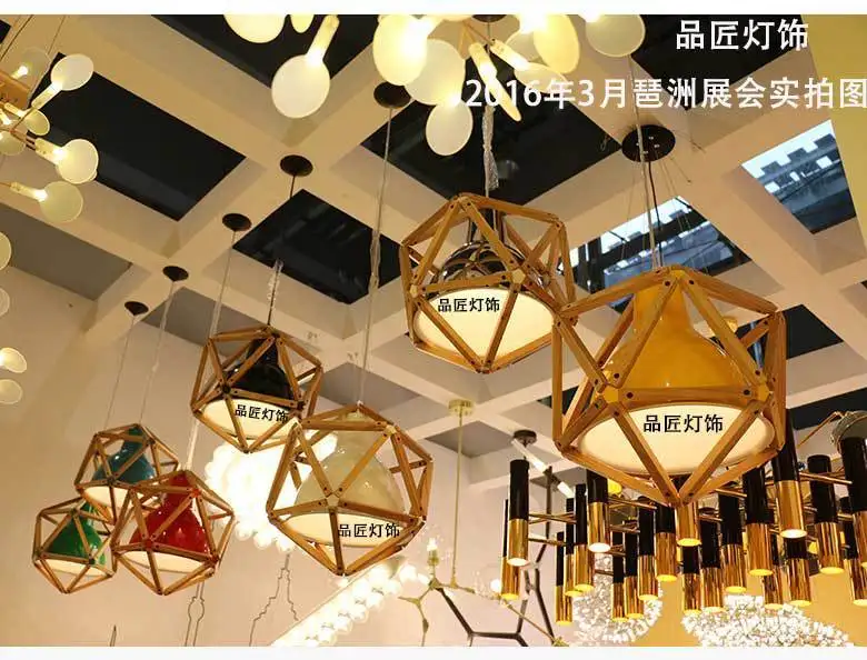 

Modern Multi-purpose Use Block 2 Wood Diamond Polyhedron Pendant Light Iron Living Dining Room Bar Study Hanging Lighting