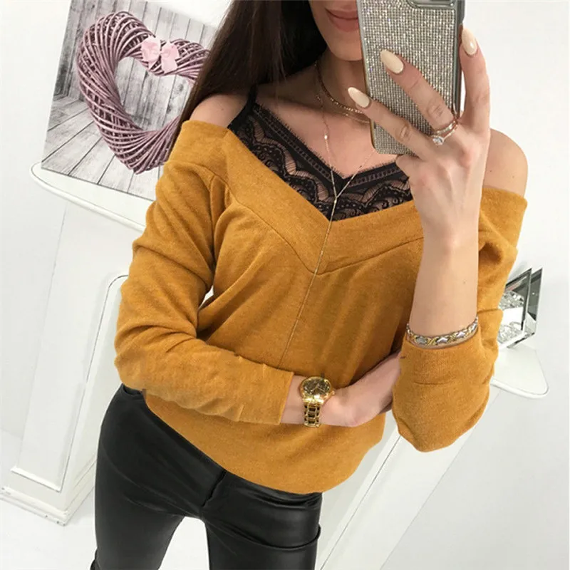

Womens Lace Cold Shoulder Tops Long Sleeve Casual Loose T Shirt Plus Size Feminina Fashion t shirts Solid V neck tee