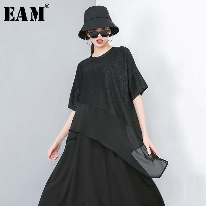 

[EAM] 2019 New Spring Summer Round Neck Short Sleeve Black Hem Irregular Mesh Loose Big Size T-shirt Women Fashion Tide JR866