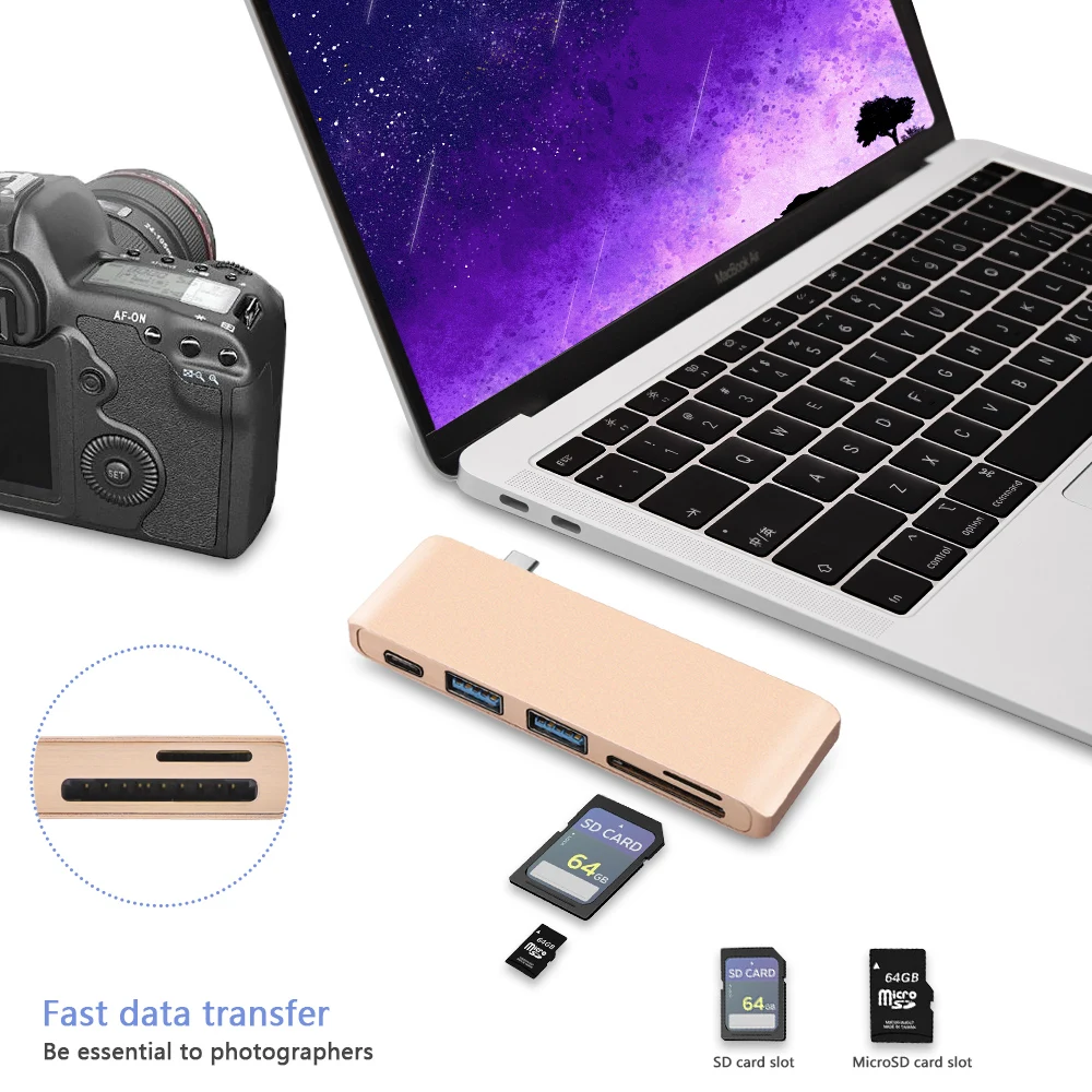 Сдвоенный USB C концентратор Thunderbolt 3 адаптер с Micro SD/картридер слот для MacBook Air 13