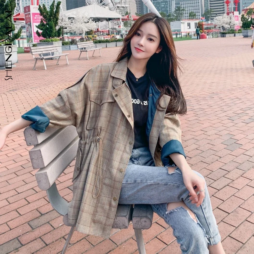 

SHENGPALAE 2019 Korean Fashion Jackets Stand Collar Long Sleeve Patchwork Plaid Waist Tie Pleated New Winter Women Coat FL957