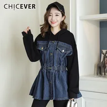 CHICEVER Весенняя Лоскутная джинсовая куртка для женщин с капюшоном и длинным рукавом с высокой талией тонкие женские куртки модная повседневная одежда Новинка