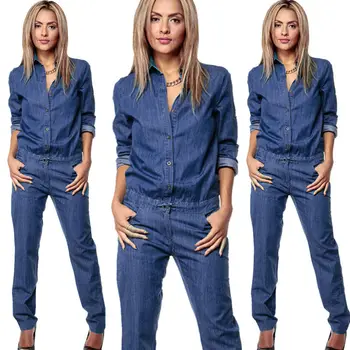 

2018 Women Autumn Deep V Neck Denim Bodycon Jumpsuit Playsuit Club Party Pants 6-14 Sashes Solid Long Sleeve 2018 Soft Trousers