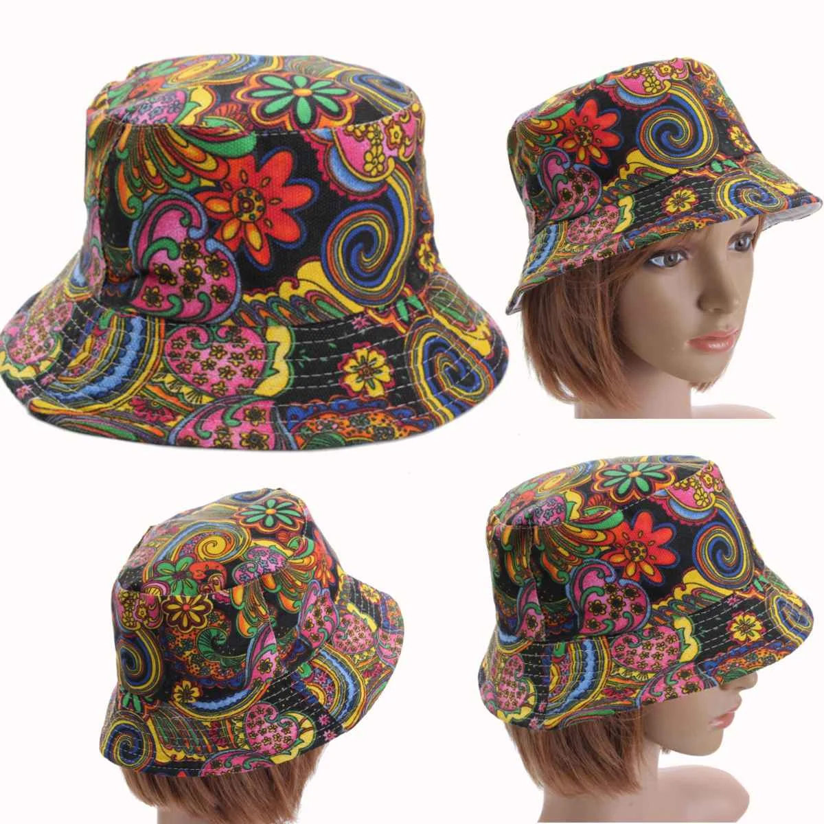 Unisex Women Canvas Flower Bucket Hat Outdoor Flat Base Floral Cap