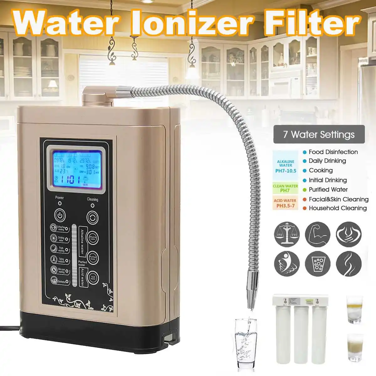 

LCD Touch Screen Control Alkaline Acid Household Water Filter Treatment PH 3.5-10.5 Water Ionizer Purifier Machine Beauty Tools