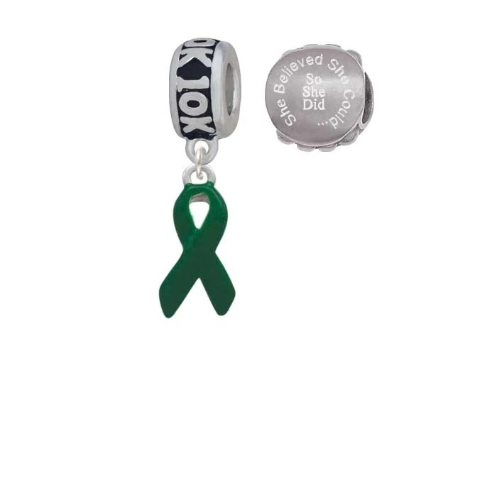 Silvertone Green Ribbon 10K Run She Believed Could Charm Beads (Set of 2) |