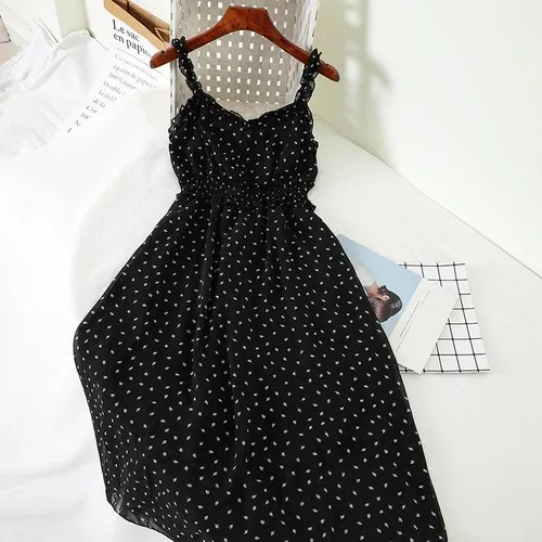 

2019 Fashion Women V Neck Tunic Black Dresses Dot Slim Chiffon Mid Dress Female Casual Dress