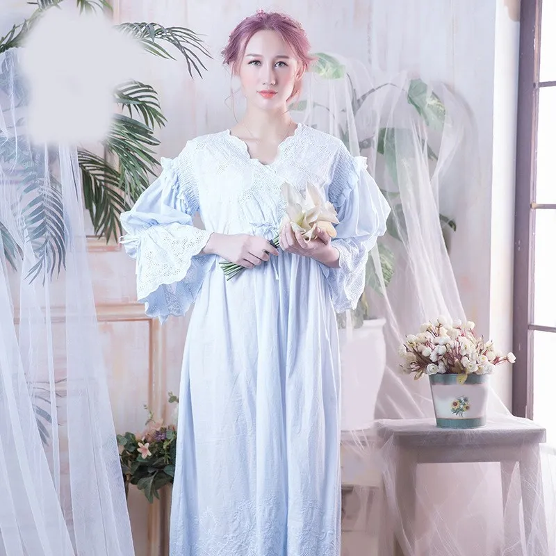 

Vintage Women Sleep Shirts Spring Flare Sleeve Lace Nightgown Sleepwear Solid Hollow Out Long Night Wear Sleep Dress