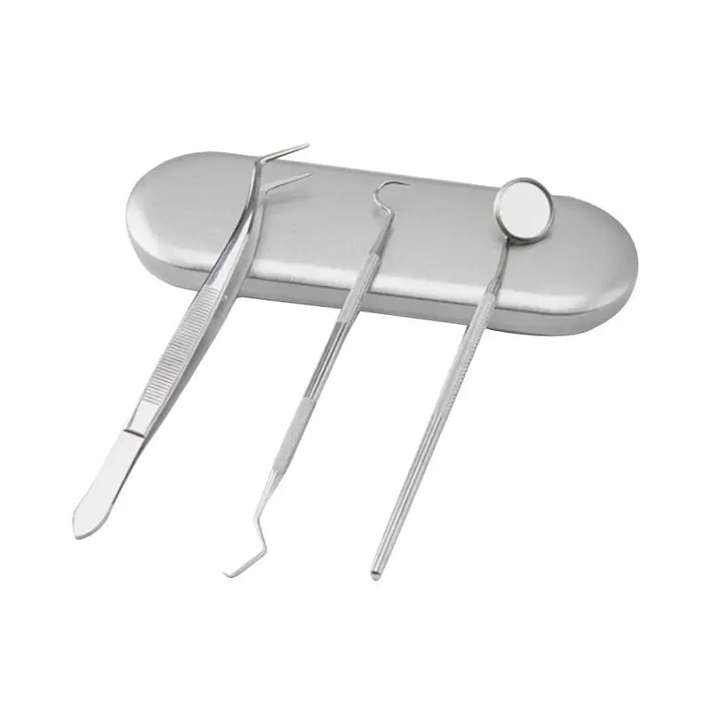 

3Pcs Stainless Steel Dental Examine Dentist Teeth Clean Hygiene Mirror Double Ends Probe Hook Teeth Cleaner Tools with Metal Box
