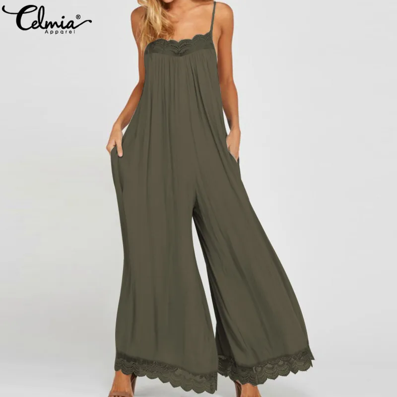 

2019 Celmia Sexy Straps Summer Rompers Women Backless Lace Jumpsuits Casual Sleeveless Wide Leg Pant boho Beach Overalls S-5XL