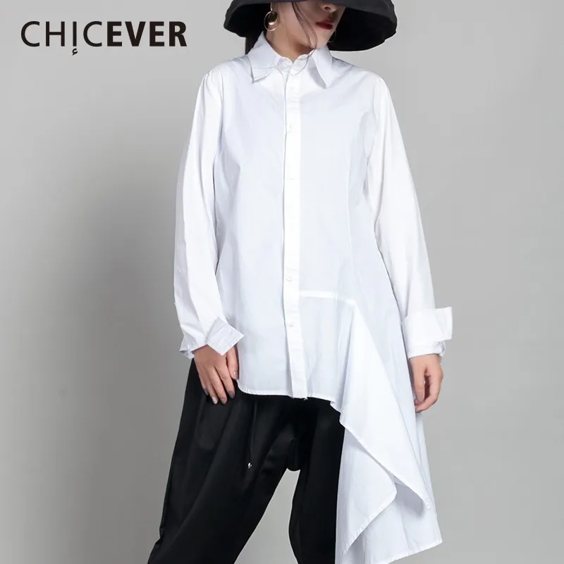 

CHICEVER White Blouse Womens Shirts Lapel Long Sleeve Asymmetric Hem Slim Blouses Tops Female Autumn Fashion Clothing New
